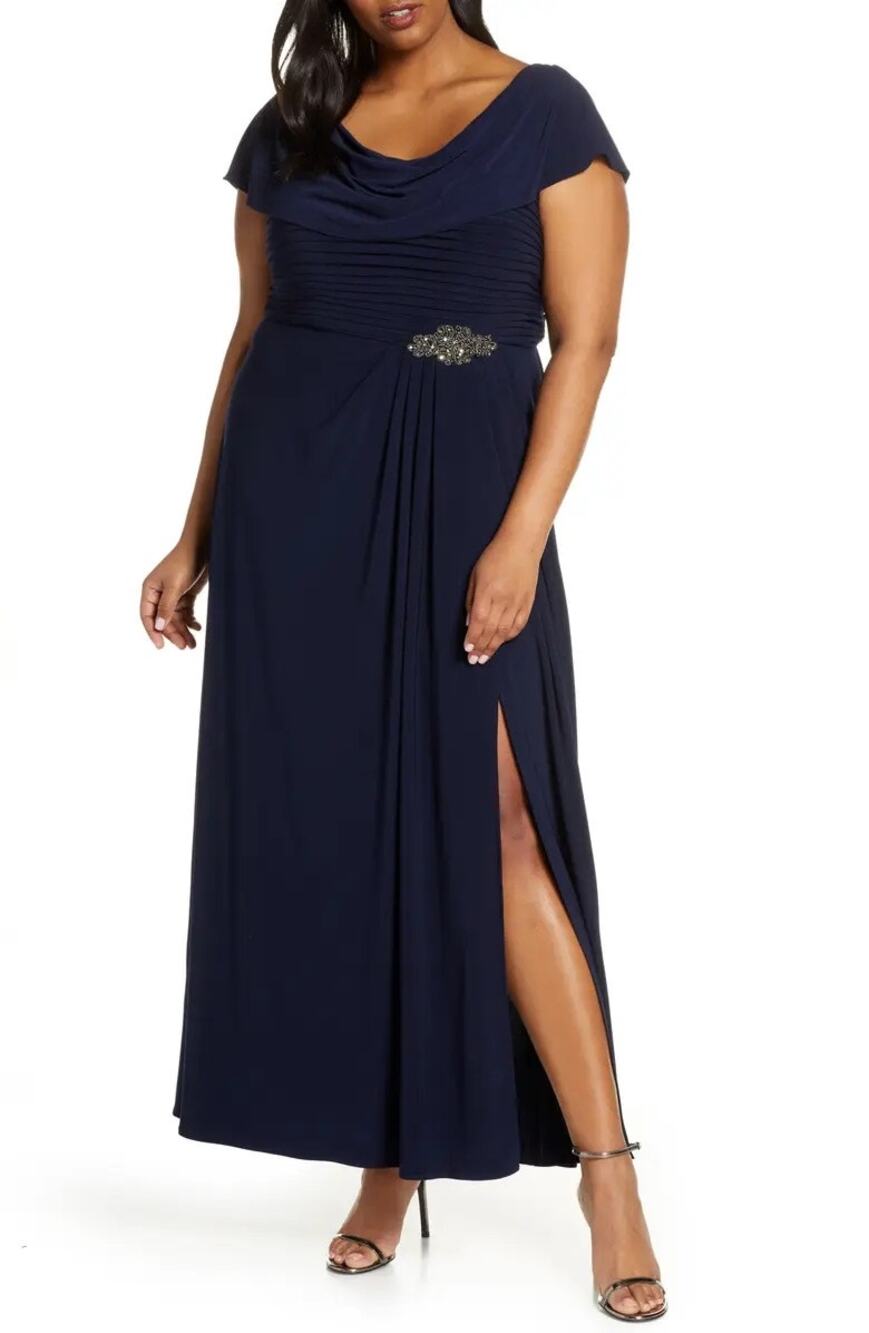 Alex Evenings Navy Blue Cowl Neck Beaded Maxi Dress Size 6